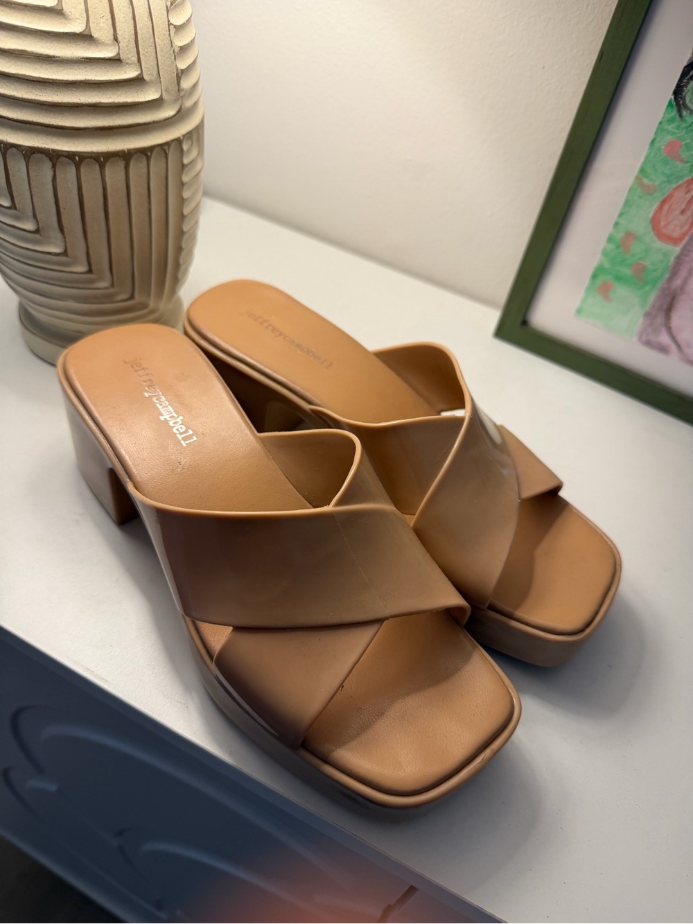 Jeffrey Campbell Bubblegum Shiny Jelly Platform Slide Sandals Nude Tan Size 7